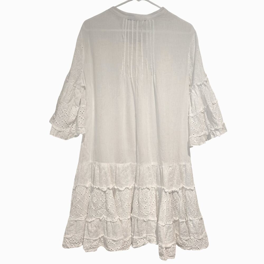 Blanco de Ibiza White Cotton Eyelet Tiered Mini Dress OS Boho Coastal Bridal - Picture 3 of 9